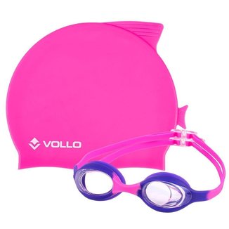 Kit de Nataçao Infantil Óculos Giant Dolphin e Touca de Silicone Rosa Vollo