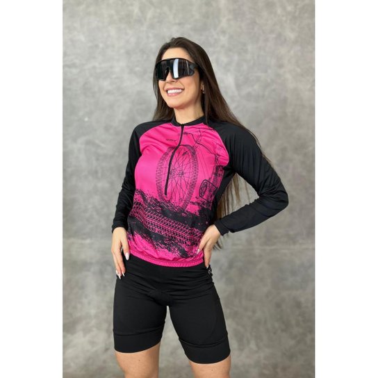 Kit de Pedal Feminino Camisa Manga Longa e Bermuda de Gel Profissional
