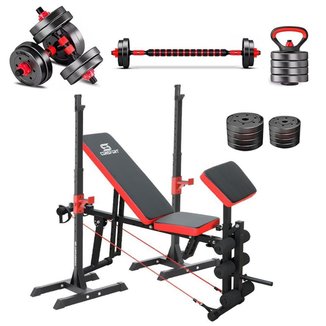 Kit Estação Musculação Completo Banco Supino Halteres Barra Kettlebell Anilhas Consport