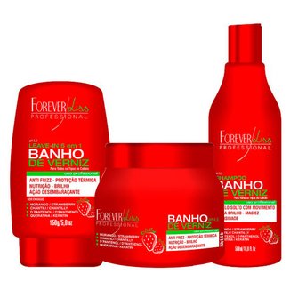 Kit Forever Liss Banho de Verniz Morango Shampoo + Máscara de Hidratação + Leave-in