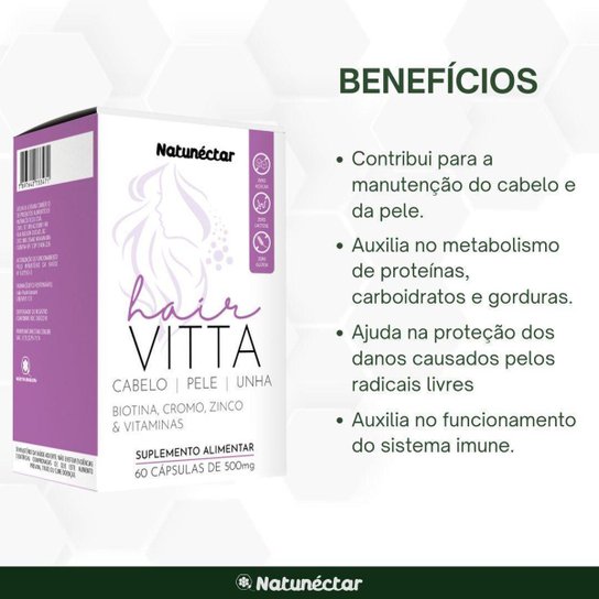 Kit Hair Vitta Cabelo Pele E Unha Natunectar 500Mg – 3 Unid (180 Cápsulas)