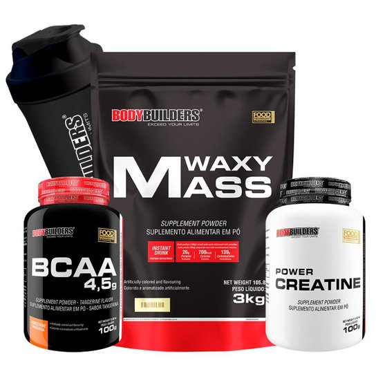 Kit Hipercalórico Waxy Mass 3kg + BCAA 4,5 100g + Creatina 100g + Coqueteleira - Bodybuilders