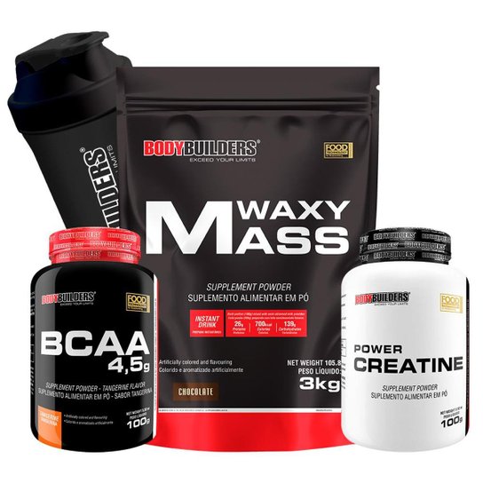 Kit Hipercalórico Waxy Mass 3kg + BCAA 4,5 100g + Creatina 100g + Coqueteleira - Bodybuilders