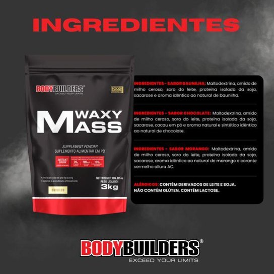 Kit Hipercalórico Waxy Mass 3kg + BCAA 4,5 100g + Creatina 100g + Coqueteleira - Bodybuilders