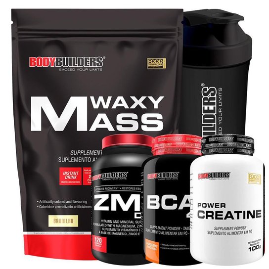Kit Hipercalórico Waxy Mass 3kg + Zma Drol 120 caps + BCAA 4,5 100g + Creatina 100g + Coq - BB