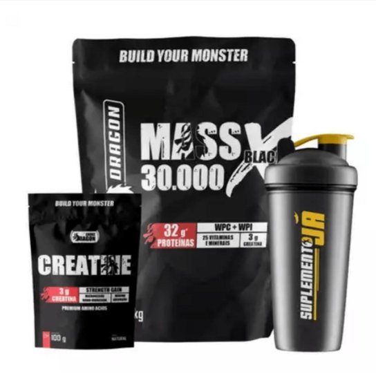 Kit Hipercalório Mass 30000x 1,4kg e Creatina Snake Dragon 100g e Coqueteleira 600ml