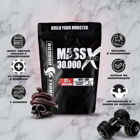 Kit Hipercalório Mass 30000x 1,4kg e Creatina Snake Dragon 100g e Coqueteleira 600ml