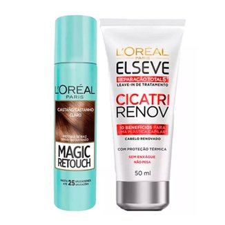Kit L'Oréal Paris Magic Retouch + Cicatri Renov Kit Leave-In + Corretivo Capilar Castanho Claro