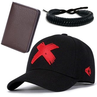 Kit Masculino Estiloso: Boné + Carteira + Pulseira Cor:;Tamanho:Único