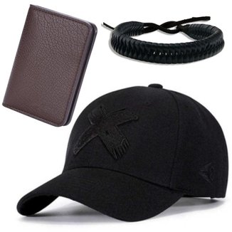 Kit Masculino Estiloso: Boné + Carteira + Pulseira Cor:;Tamanho:Único