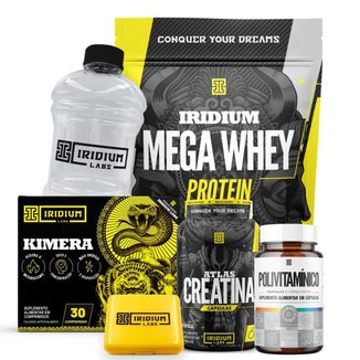 Kit Mega Whey + Kimera Thermo +  Atlas Creatina Cáps + Polivitamínico + Galão Cristal