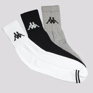 Kit Meia Kappa 3 Pares Cano Medio Branca Cinza e Preta