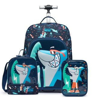 Kit Mochila de Carrinho Menino + Estojo + Lancheira Escolar Infantil