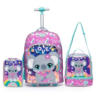 Kit Mochila De Rodinha Coala Estojo 100 Pens Lancheira Térmica 25 Litros