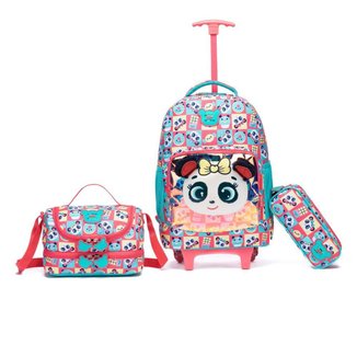Kit Mochila De Rodinha Panda Menina Lancheira Estojo Menina