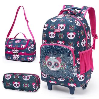 Kit Mochila Menina Spector Escolar Pandinha De Rodinhas Infantil Espaçosa Lancheira Estojo