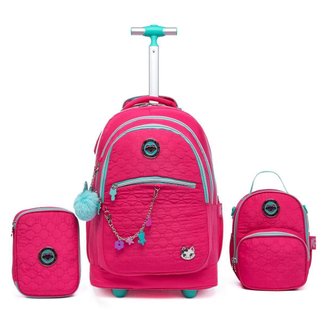 Kit Mochila Rodinha Feminina Juvenil Escolar Estojo Lancheira Térmica 36 Litros