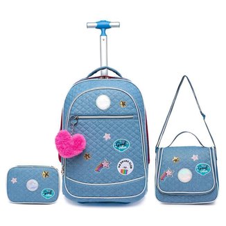 Kit Mochila Rodinha Feminina Juvenil Lancheira Térmica Estojo Organizador 30 Litros