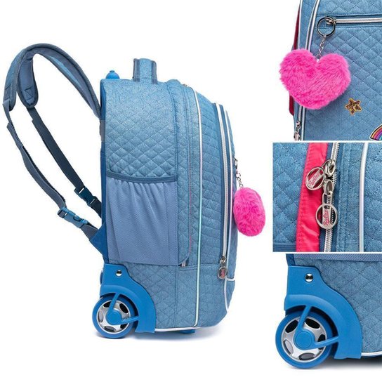 Kit Mochila Rodinha Feminina Juvenil Lancheira Térmica Estojo Organizador 30 Litros