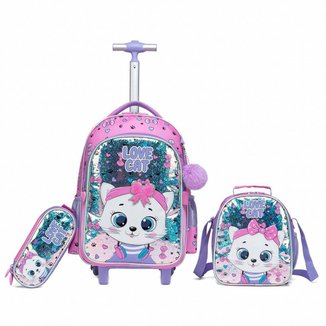 Kit Mochila Rodinha Infantil Menina Estojo Lancheria Gatinha