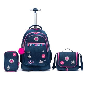 Kit Mochila Rodinhas  Estojo Lancheira Juvenil Resistente Escola