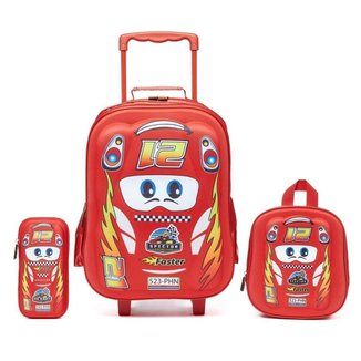 Kit Mochila Rodinhas  Estojo Lancheira Menino Resistente Carrinho