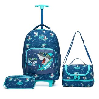 Kit Mochila Rodinhas Tubarão Estojo Lancheira