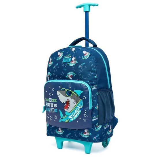 Kit Mochila Rodinhas Tubarão Estojo Lancheira