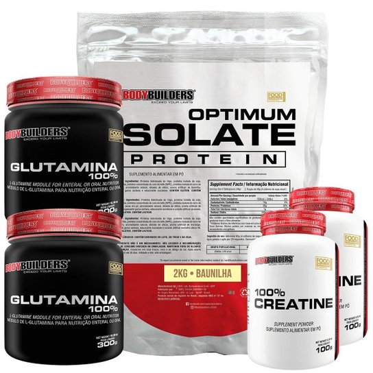 Kit Optimum Isolate Whey Protein 2kg + 2x Creatina 100g + 2x Glutamina 300g - Bodybuilders