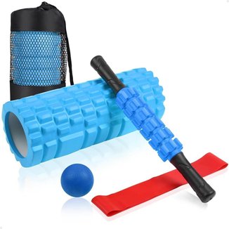 Kit Rolo de Massagem Bastão Miosfascial Bola Lacrosse Faixa Elástica Band Bolsa Lorben GT6320-BL
