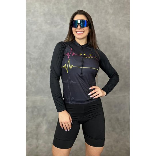 Kit Roupa de Ciclismo Feminina Camisa e Bermuda em Gel Manga Longa UV50+