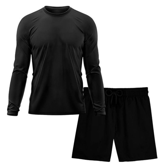 Kit Short Praia Academia Passeio Treino Preto + Manga Longa Masculina Segunda Pele Dry