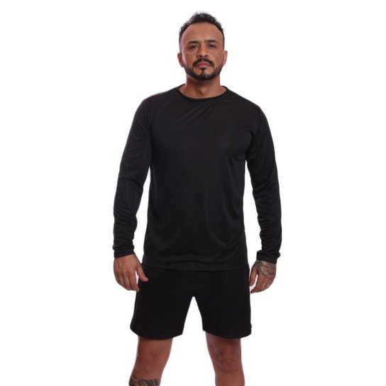 Kit Short Praia Academia Passeio Treino Preto + Manga Longa Masculina Segunda Pele Dry