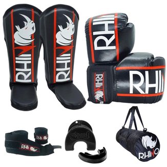 Kit Treino Muaythai Rhino com Luva + Caneleira + Bandagem + Bucal + Bolsa - 14oz