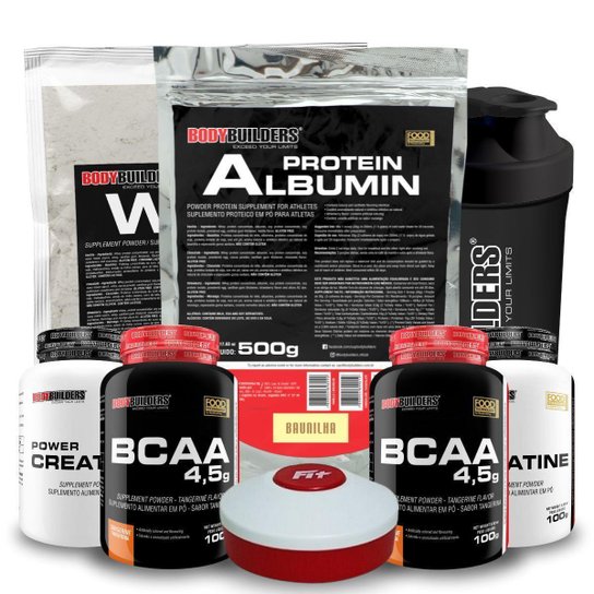 Kit Whey 500g + Albumin 500g + 2x BCAA 100g + 2x Creatina 100g + Coq + Porta Cáps - Bodybuilders