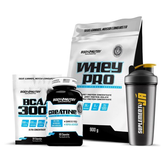 Kit Whey Pro 900g Body Nutry Creatina 60 Cáps BCAA 50 Cáps Coqueteleira 600ml