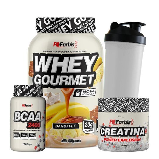 Kit Whey Protein Gourmet + Creatina 300g + BCAA 100 cáps + Coqueteleira - FN Forbis Nutrition