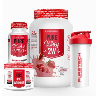 Kit Whey Pure 2W 900g + BCAA 2400 120 Cáps + Pré-treino 100g + Coqueteleira 600ml - Puretech