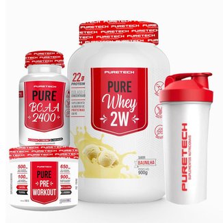 Kit Whey Pure 2W 900g + BCAA 2400 120 Cáps + Pré-treino 100g + Coqueteleira 600ml - Puretech