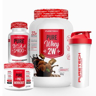 Kit Whey Pure 2W 900g + BCAA 2400 120 Cáps + Pré-treino 100g + Coqueteleira 600ml - Puretech