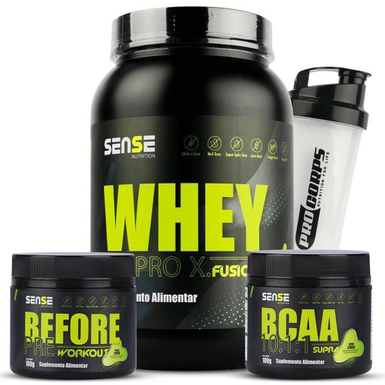 Kit Whey Sense 900g+ BCAA+ Pré Treino Before + Coqueteleira
