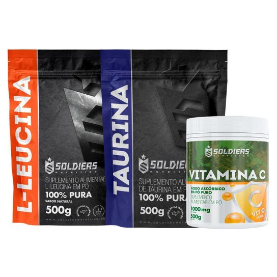 Kit: Leucina 500g + Taurina 500g + Vitamina C Em Pó 500g - 100% Puro Importado - Soldiers Nutrition