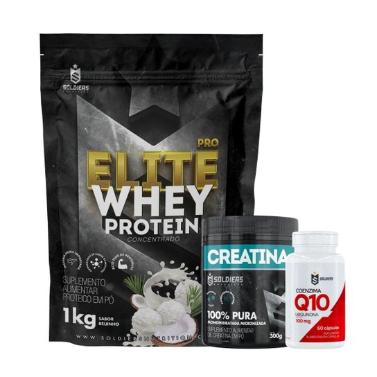 Kit: Whey Protein Elite-Pro 1kg + Creatina Monohidratada Pote 300g + Coenzima Q10 100mg