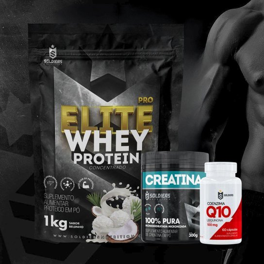 Kit: Whey Protein Elite-Pro 1kg + Creatina Monohidratada Pote 300g + Coenzima Q10 100mg