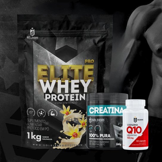Kit: Whey Protein Elite-Pro 1kg + Creatina Monohidratada Pote 300g + Coenzima Q10 100mg