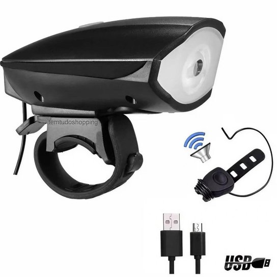Lanterna Farol Para Bike Buzina Recarregável Usb 250 Lumens