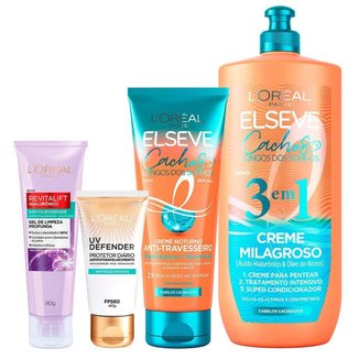 L’Oréal Paris Antioleosidade + Cachos Kit – Gel de Limpeza Facial + Protetor Solar Facial FPS60 + Cr