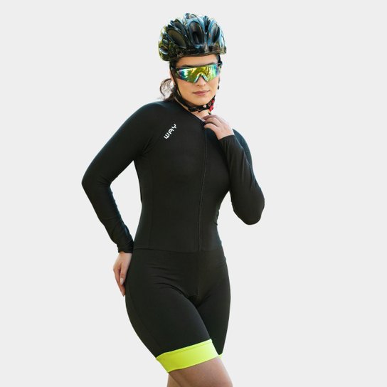 Macaquinho de Ciclismo Feminino Manga Longa Forro em Gel Proteção Solar Profissional