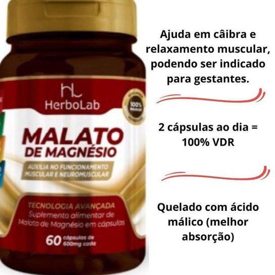 Malato De Magnésio 60 Cápsulas 600mg Sabor Neutro