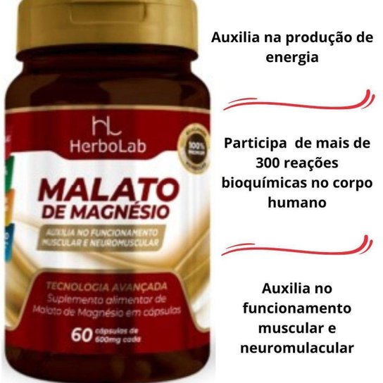 Malato De Magnésio 60 Cápsulas 600mg Sabor Neutro